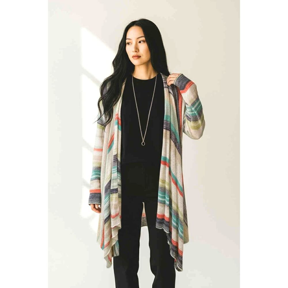 Etcetera Colorful Knit Wrap Cardigan Sweater Multicolor Draped Open Front Size L